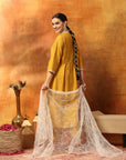 A-Line Kurta Set with Lucknavi Embroidery, Palazzo & Embroidered Supernet Dupatta