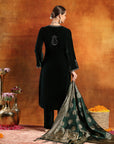 Velvet Zari-Embroidered Kurta Set with Bell Sleeves, Palazzo & Banarasi Dupatta