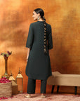 Cotton Blend Zari Embroidered Kurta Set with Embroidered Organza Cuffs & Elasticated Palazzo