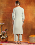 Twill Weave Embroidered Kurta Set with Lace-Trimmed Palazzo