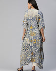 Floral Printed Flared Sleeves Thread Work Kaftan Kurta