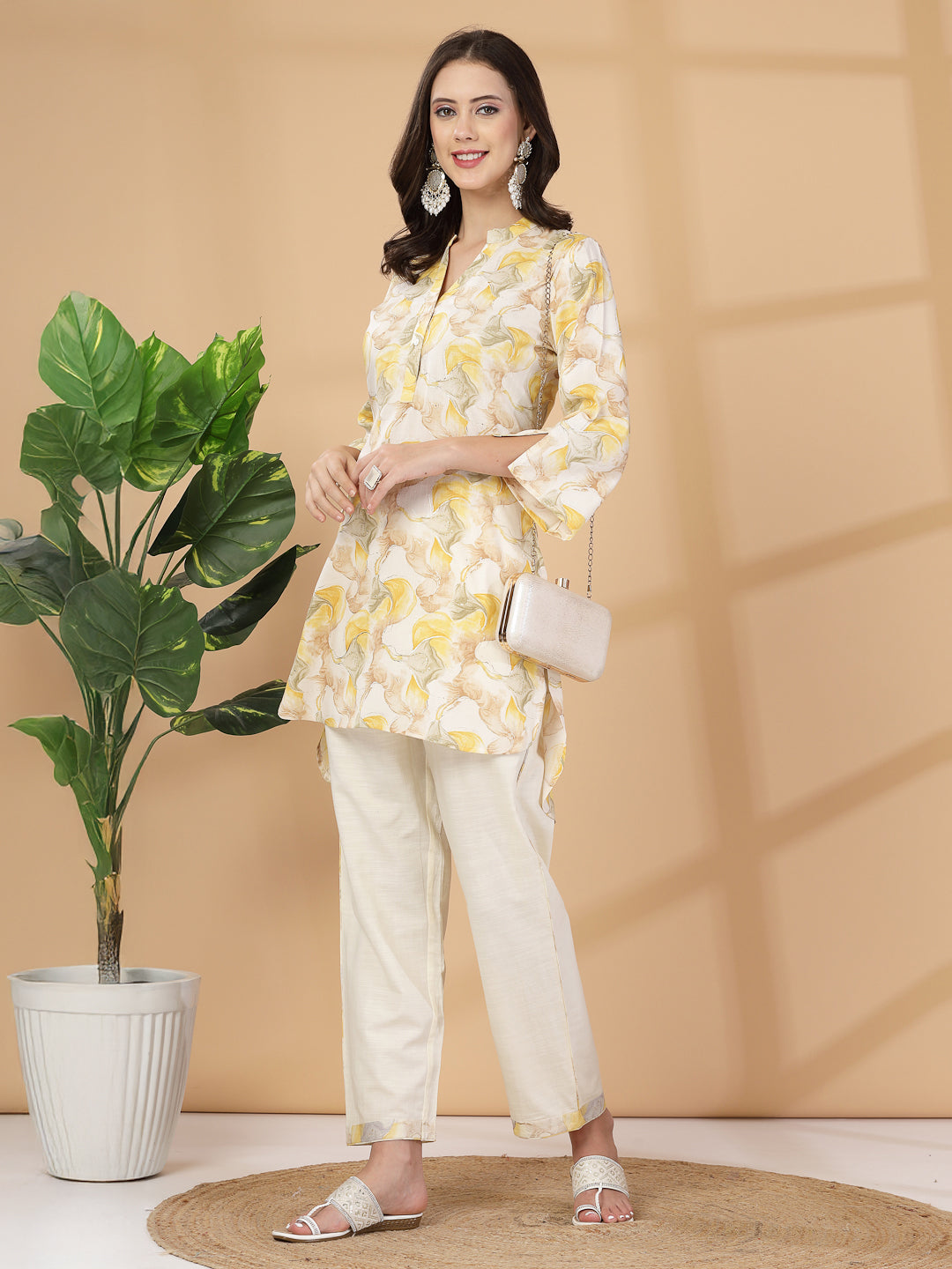 Yellow Abstract Print Rayon Slub Co-ord with Solid Palazzo