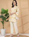 Yellow Abstract Print Rayon Slub Co-ord with Solid Palazzo