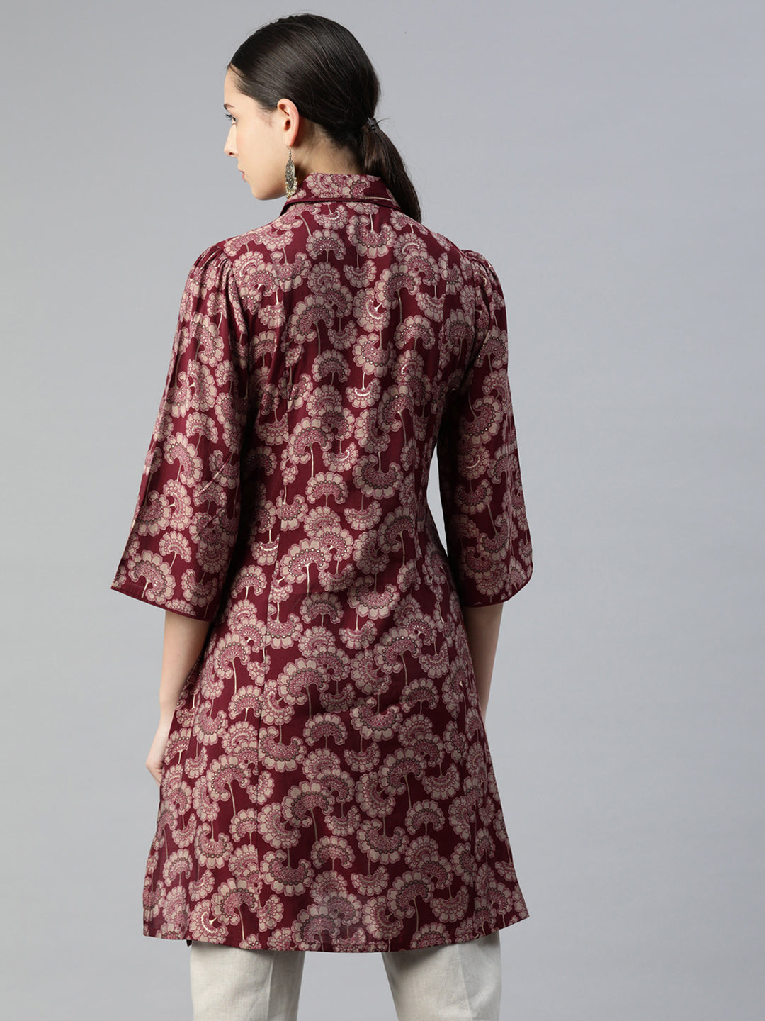 Floral Printed A-Line Modal Chanderi Tunic with Shirt Collar
