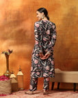 Wool Blend Floral Kurta Set with Zari Embroidery, Lace Detail & Solid Palazzo