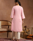 Solid Cotton Straight Kurta with Thread Embroidery & Lace Cuff Details