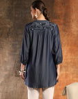 Cotton Denim Above-Knee Kurti with Embroidered Mandarin Collar & 3/4th Sleeves