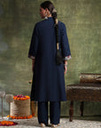 A-Line Cotton Kurta Set with Embroidered Patch Collar & Palazzo
