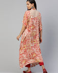 Floral Printed Flared Sleeves Thread Work Kaftan Kurta