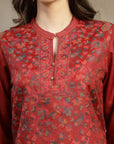 Woven Wool Kurta Set with Mandarin Collar, Palazzo & Printed Wool Dupatta
