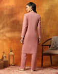 Wool Blend Solid Kurta Set with Thread Embroidery & Elasticated Palazzo