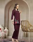 Solid Viscose Rayon Co-ord Set with Embroidered Shirt Collar