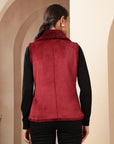Velour Fur Sleeveless Jacket with Structured Collar & Zipper Closure