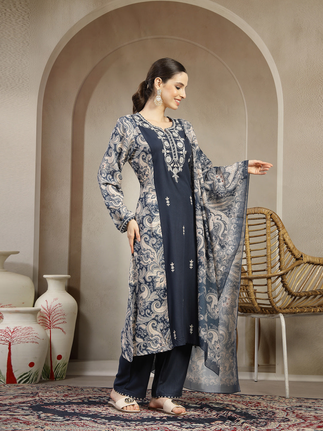 Floral Pashmina Wool Kurta Set with Kotta Dupatta
