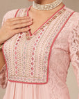 Crepe-Raschel Embroidered Kurta Set with Mesh Lace Dupatta