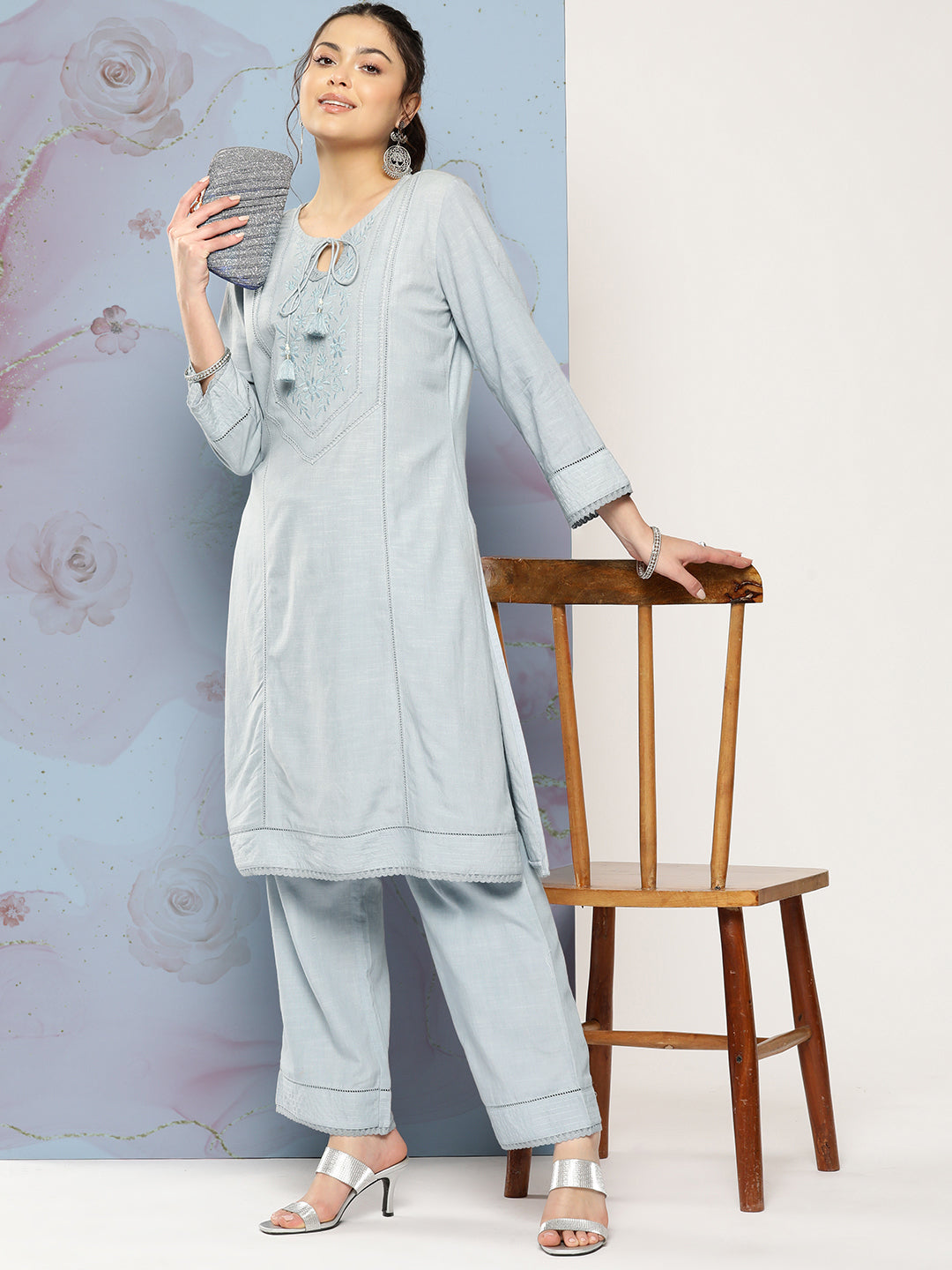 Spa Cotton Co-ord Set with Tonal Embroidery &amp; Laced Sleeve
