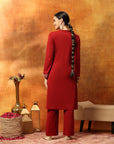 Wool Blend Solid Kurta Set with Thread Embroidery & Elasticated Palazzo