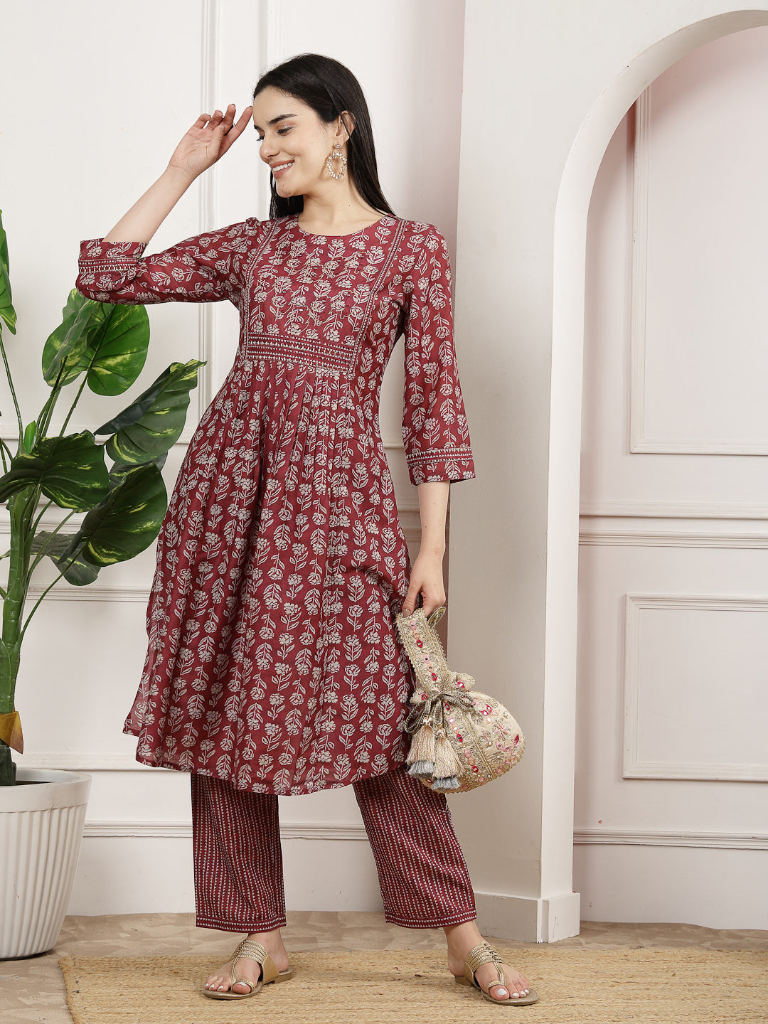 Maroon Modal Chanderi Floral Kurta Set with Palazzo