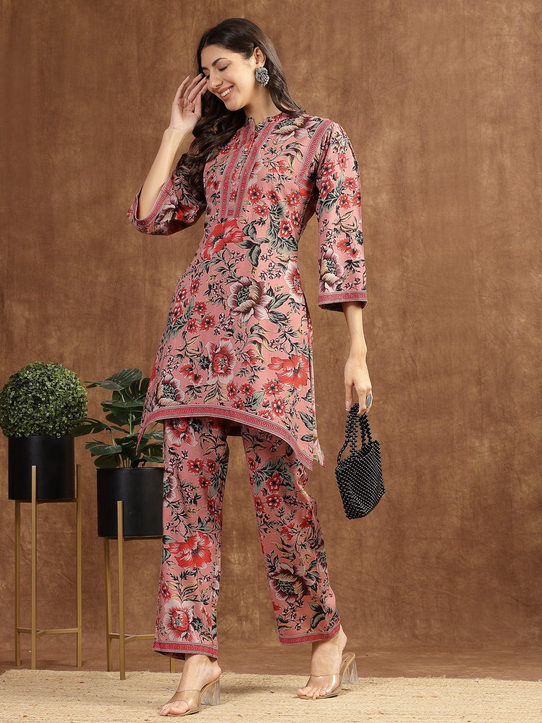 Pink Floral Rayon Co-ord Set with Bell Sleeves and Mandarin Collar