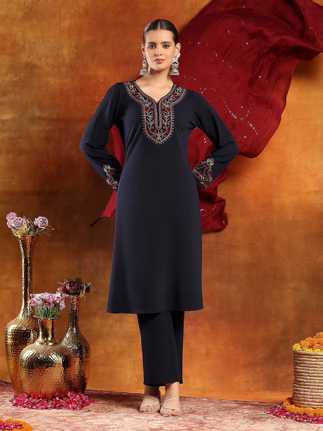 Knitted Wool Kurta Set with Embroidery, Palazzo &amp; Tasselled Chanderi Dupatta