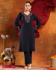 Knitted Wool Kurta Set with Embroidery, Palazzo & Tasselled Chanderi Dupatta