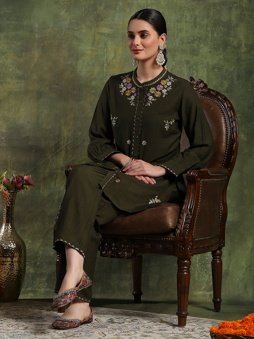Ari Embroidered Straight Kurta Set with Bishop Sleeves &amp; Palazzo