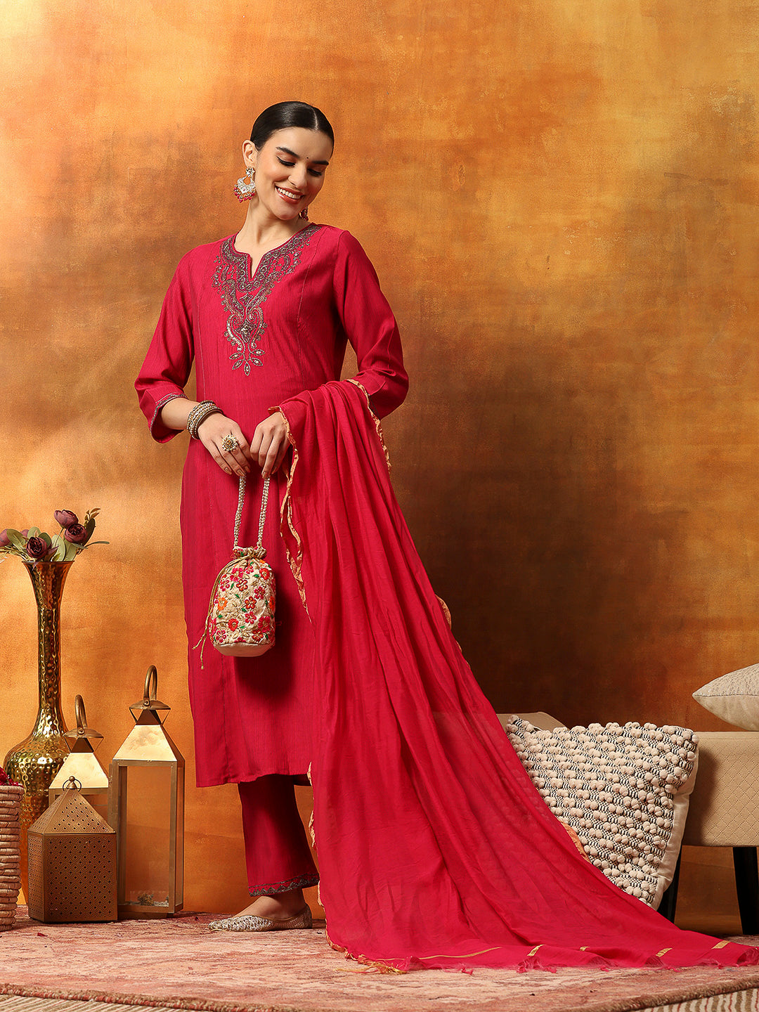 Zari Embroidered Kurta Set with Elasticated Palazzo &amp; Tassel Art Silk Dupatta