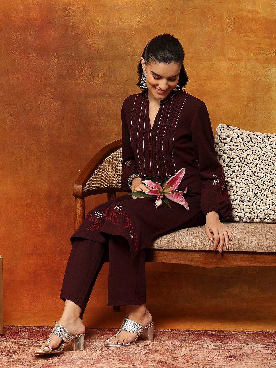 Wool Blend Kurta Set with Embroidered Yoke, Smocked Sleeves &amp; Palazzo