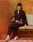 Wool Blend Kurta Set with Embroidered Yoke, Smocked Sleeves & Palazzo