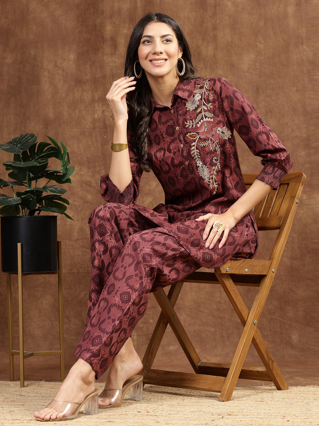 Burgundy Indo-Western Co-ord with Embroidered Shirt Collar Tunic &amp; Printed Palazzo