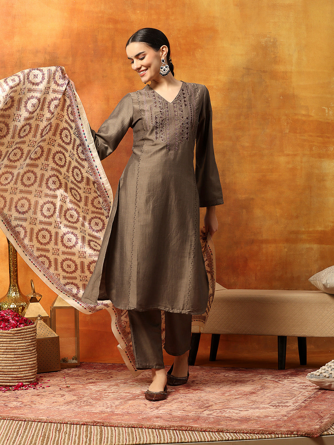 Art Silk Embroidered Kurta Set with Palazzo &amp; Silk Dupatta