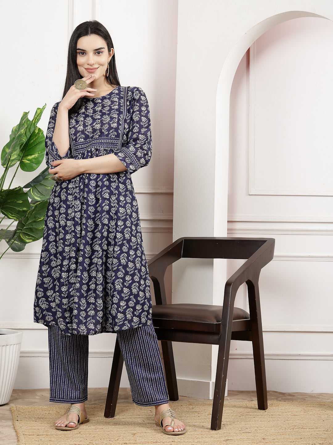 Navy Modal Chanderi Floral Kurta Set with Palazzo