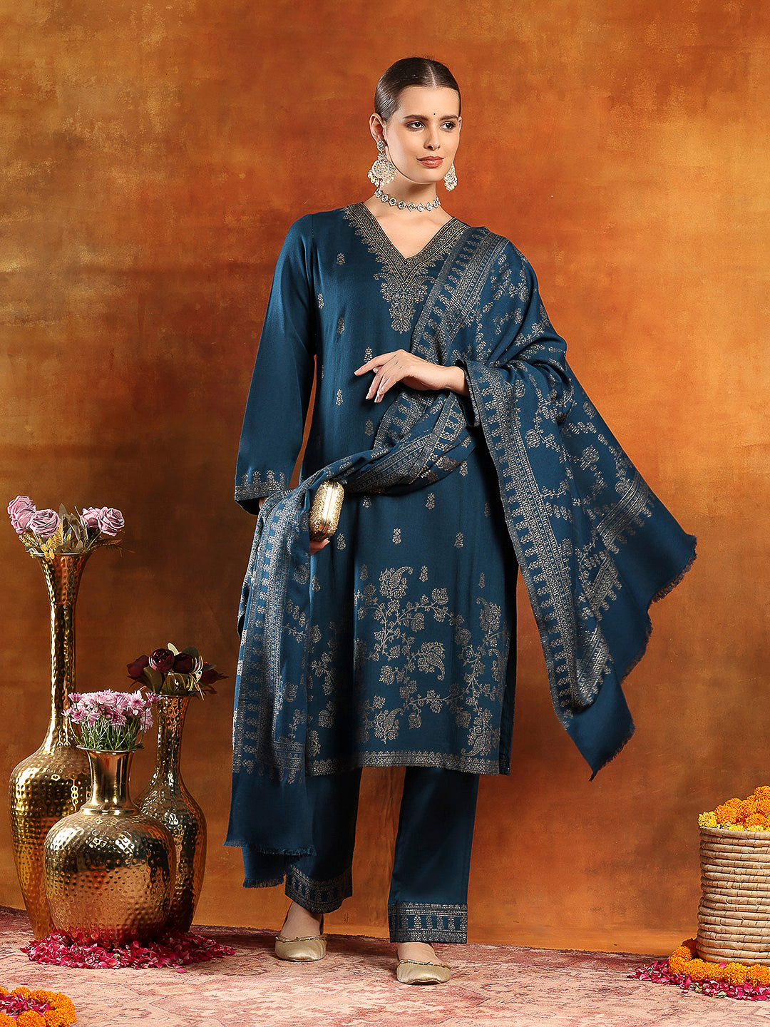 Calf-Length Jacquard Wool Kurta Set with Swarovski Detail &amp; Dupatta