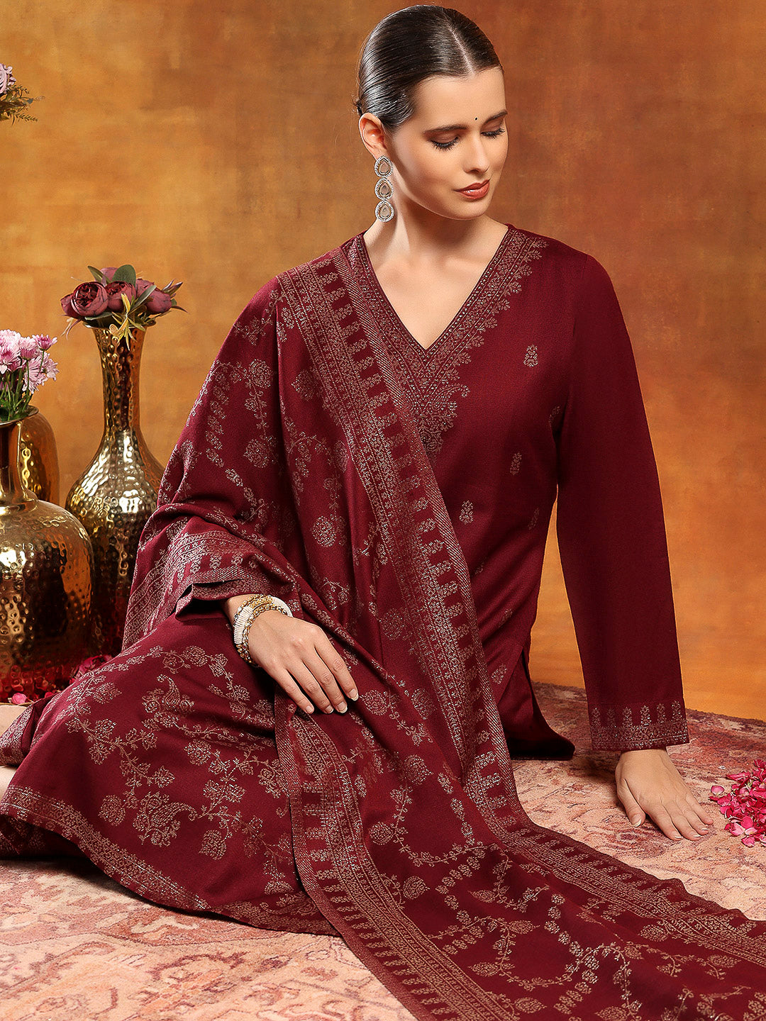 Calf-Length Jacquard Wool Kurta Set with Swarovski Detail &amp; Dupatta