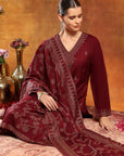 Calf-Length Jacquard Wool Kurta Set with Swarovski Detail & Dupatta