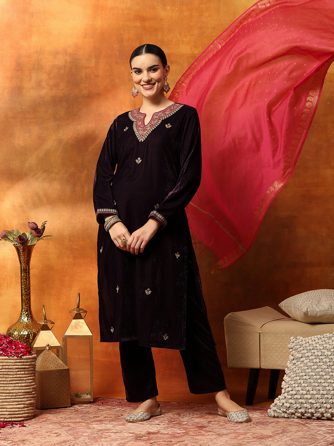 Regal Velvet Kurta Set with Zari &amp; Patch Embroidery