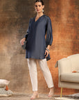 Cotton Denim Above-Knee Kurti with Embroidered Mandarin Collar & 3/4th Sleeves