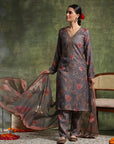 Floral Pashmina Wool Kurta Set with Chiffon Dupatta