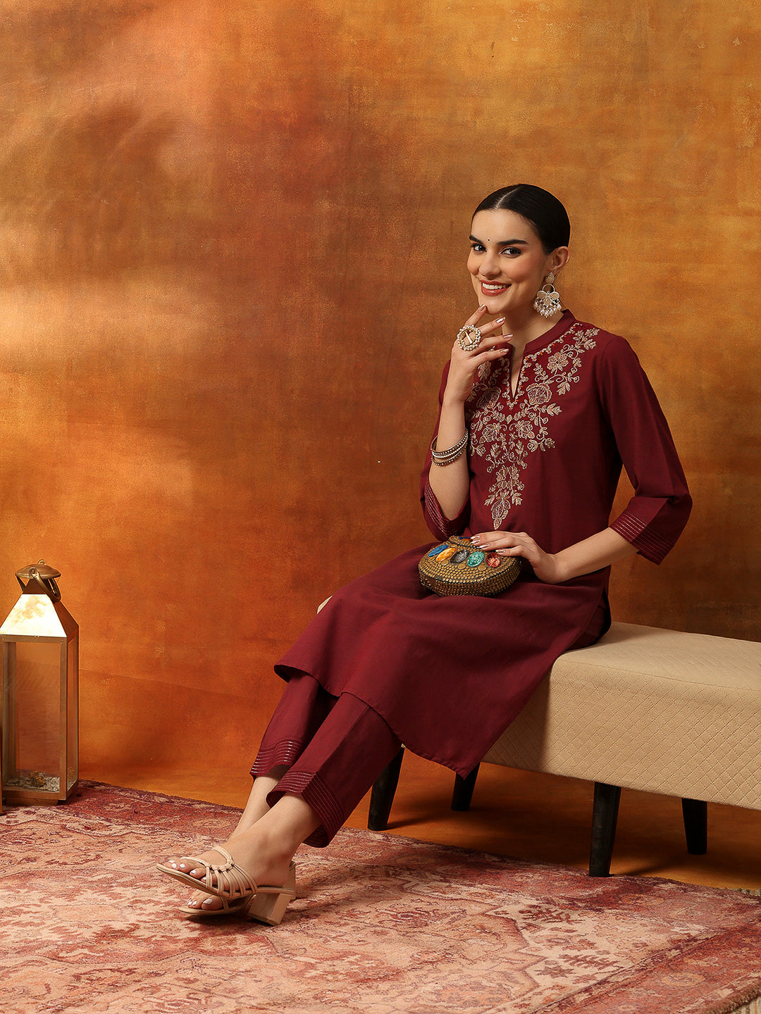 Cotton Blend Zari Embroidered Kurta Set with Embroidered Organza Cuffs &amp; Elasticated Palazzo