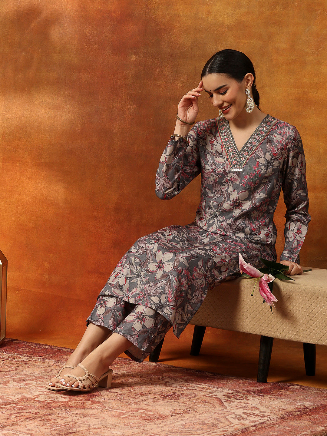 Wool Blend Floral Printed Kurta Set with Ethnic Embroidery &amp; Printed Palazzo