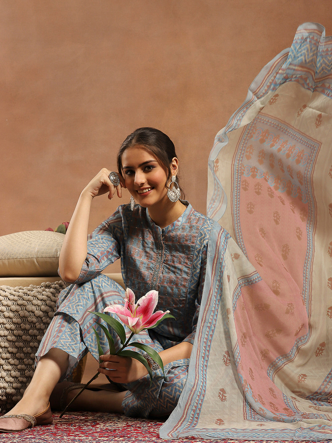 Tribal Printed Straight Kurta Set with Lace Detailing &amp; Chiffon Dupatta