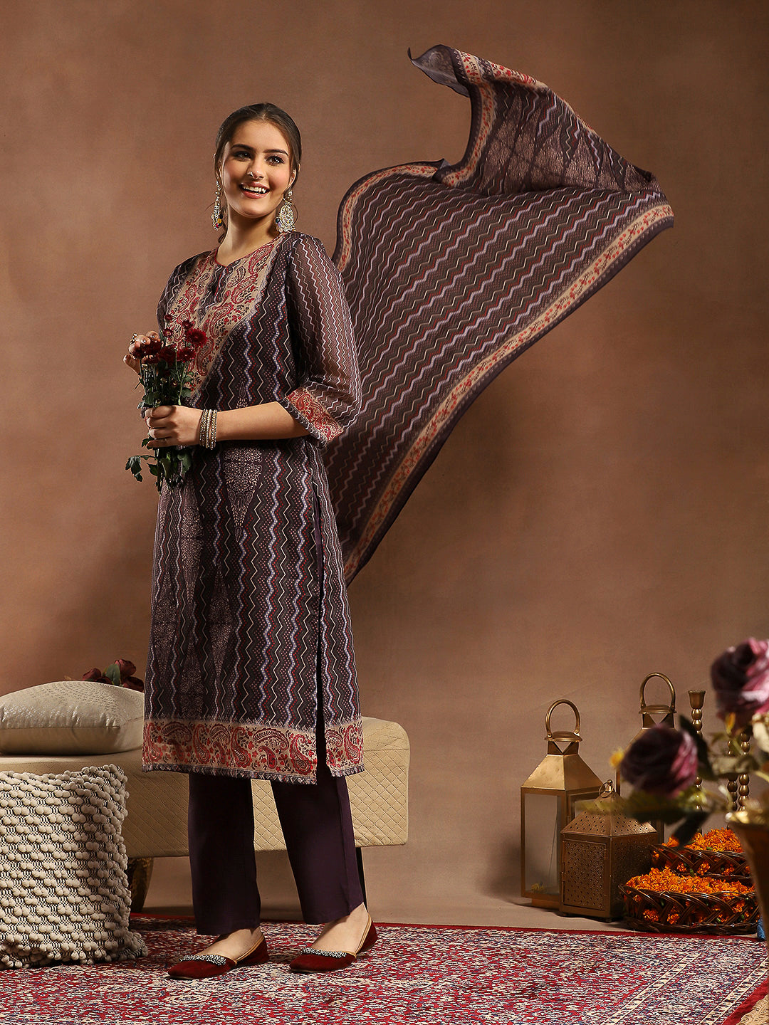 Placement Printed Chanderi Kurta Set with Swarovski Work and Dupatta