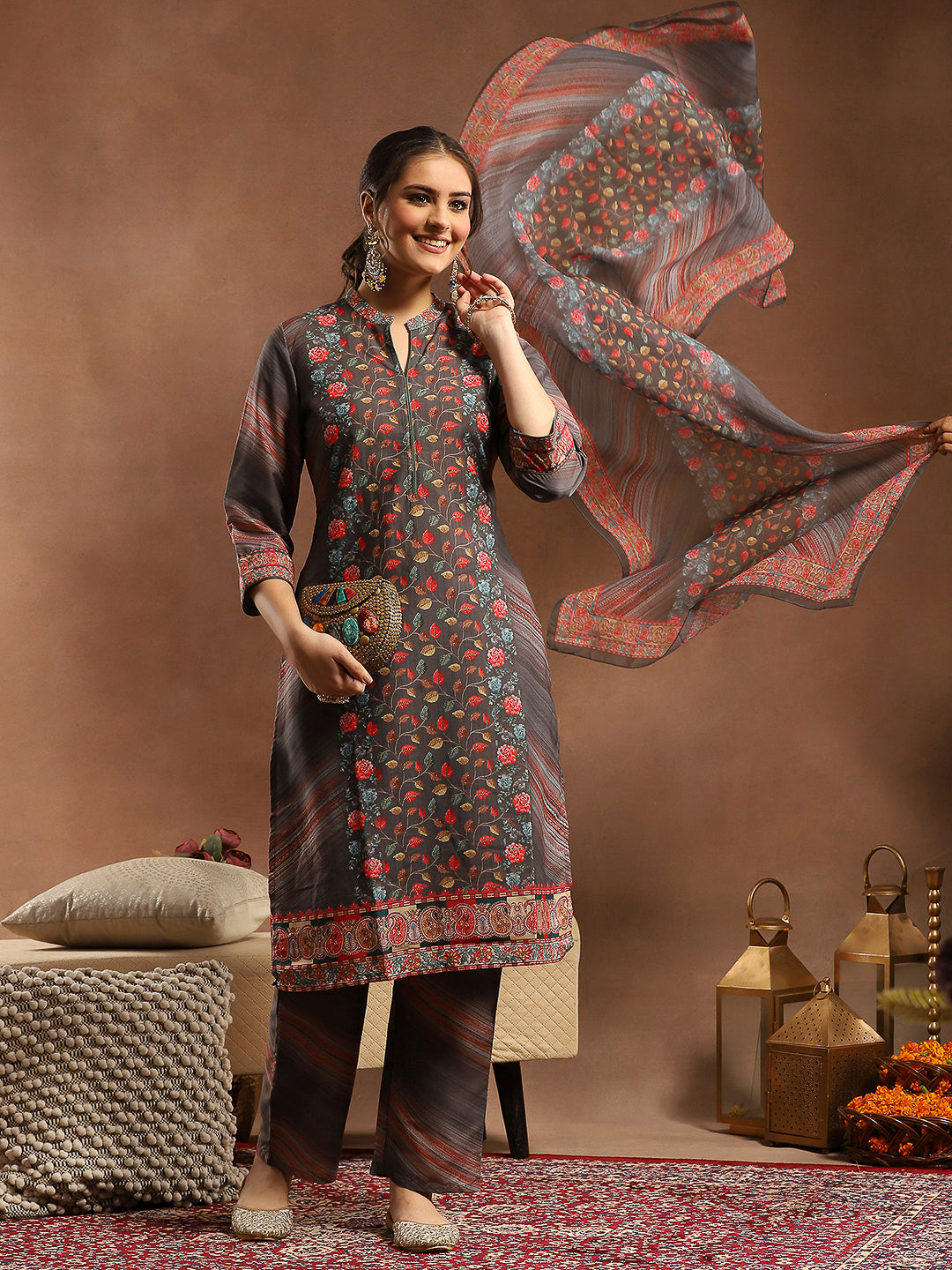 Floral Printed Silk Kurta Set with Sewroskie Work &amp; Printed Dupatta
