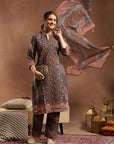 Floral Printed Silk Kurta Set with Sewroskie Work & Printed Dupatta