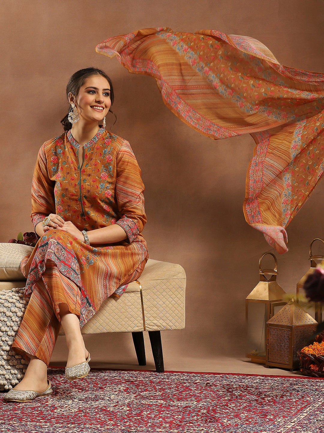 Floral Printed Silk Kurta Set with Sewroskie Work &amp; Printed Dupatta