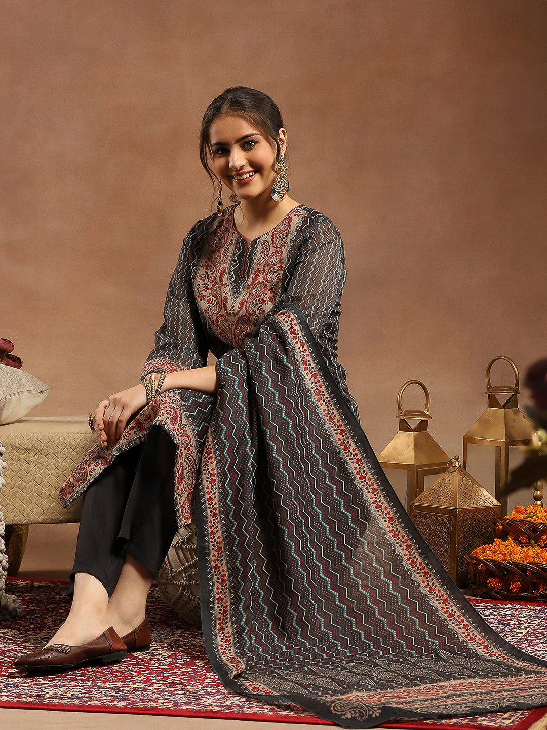 Chanderi Chevron Kurta Set with Swarovski Detailing &amp; Dupatta