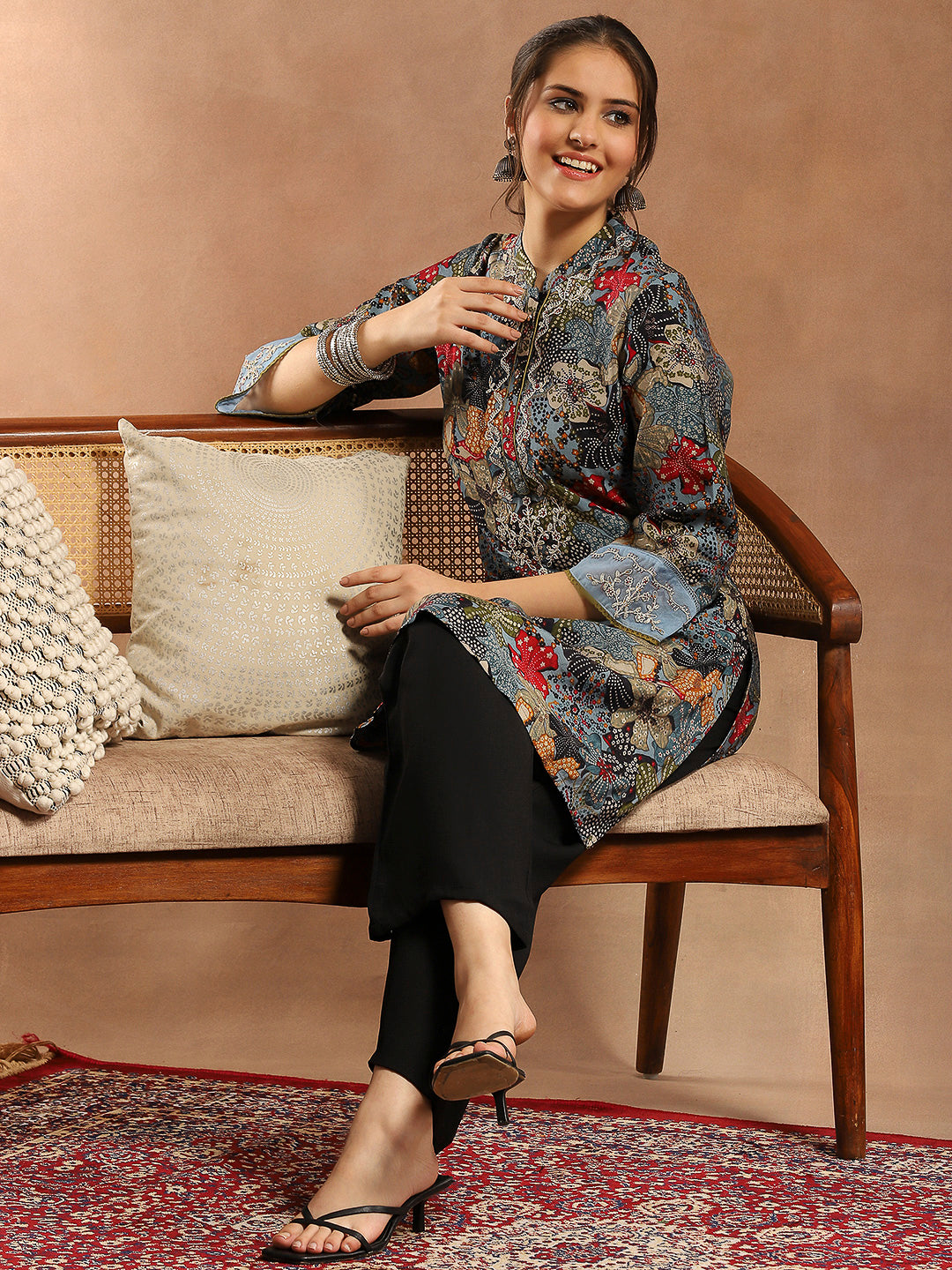 Floral Printed A-Line Modal Chanderi Kurta