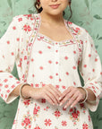 Floral Printed Sweetheart Neck Cotton Linen Kurta