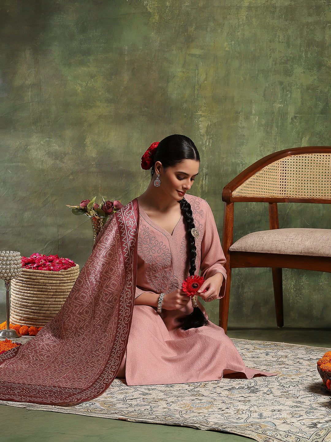 Twill Embroidered Kurta Set with Palazzo &amp; Bandhani Art Silk Dupatta