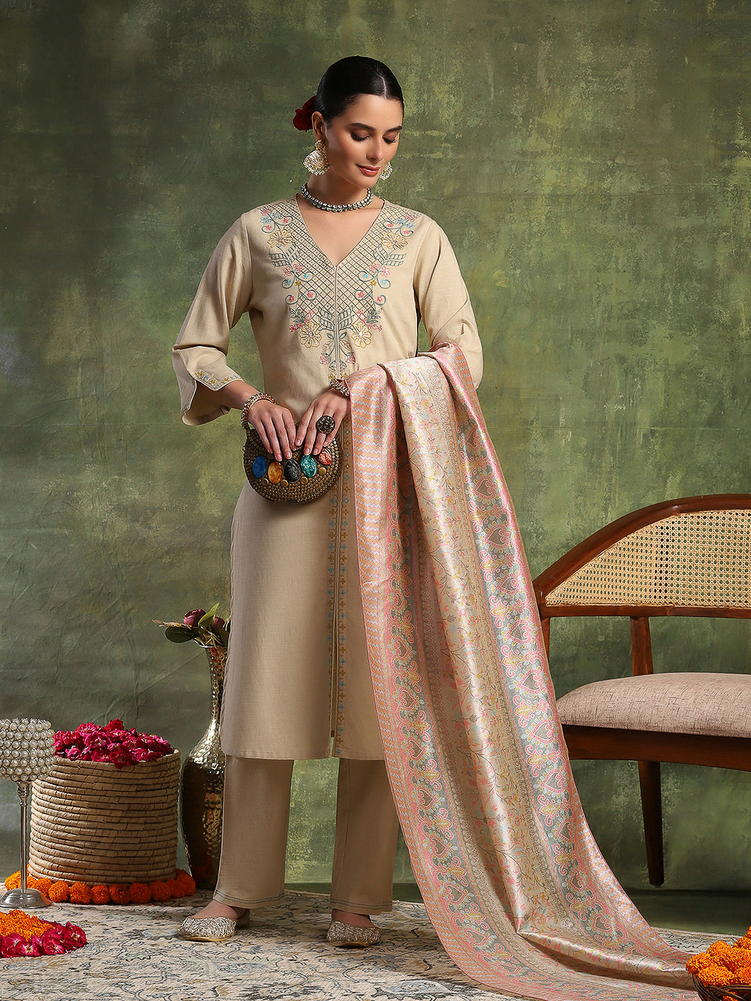 Cotton Linen Kurta Set with Ari Embroidery, Palazzo &amp; Assam Silk Dupatta